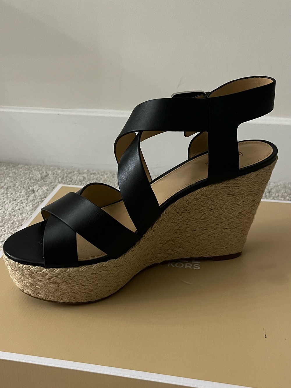 Michael Kors Black Leather Espadrille Wedge Sandals